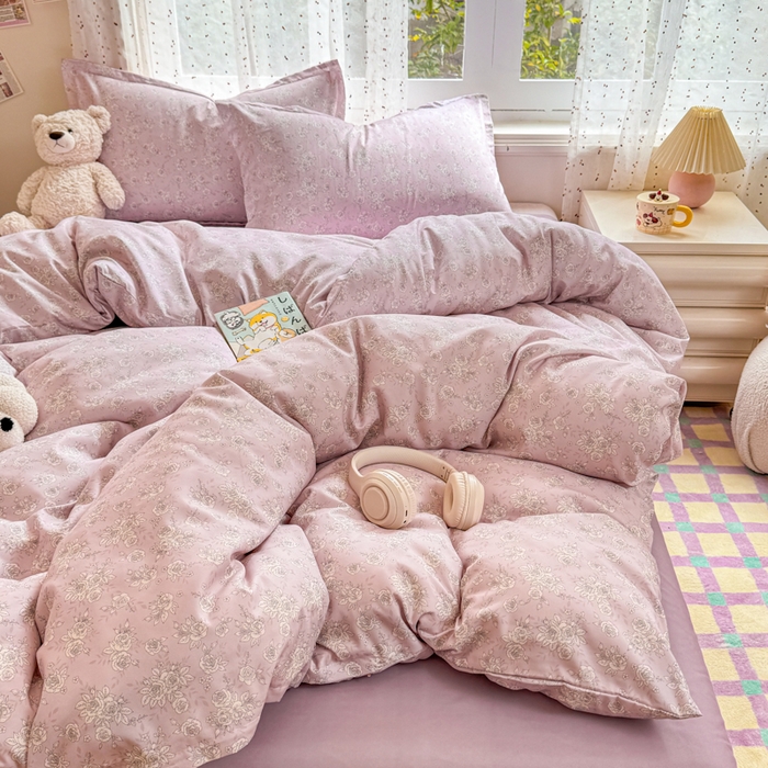 91家纺网 家纺一手货源 找家纺 梦舒阳家纺 新款古法水洗棉仿棉云感泡泡四件套 柔粉花影