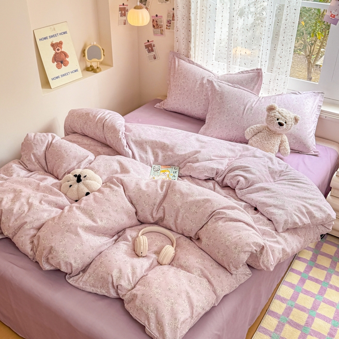 91家纺网 家纺一手货源 找家纺 梦舒阳家纺 新款古法水洗棉仿棉云感泡泡四件套 柔粉花影