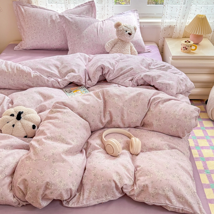 91家纺网 家纺一手货源 找家纺 梦舒阳家纺 新款古法水洗棉仿棉云感泡泡四件套 柔粉花影