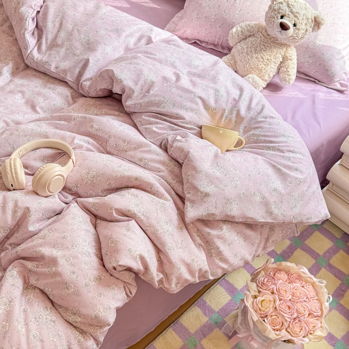 91家纺网 家纺一手货源 找家纺 梦舒阳家纺 新款古法水洗棉仿棉云感泡泡四件套 柔粉花影