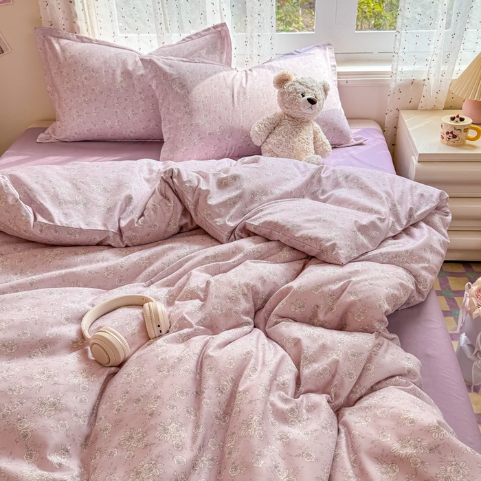 91家纺网 家纺一手货源 找家纺 梦舒阳家纺 新款古法水洗棉仿棉云感泡泡四件套 柔粉花影