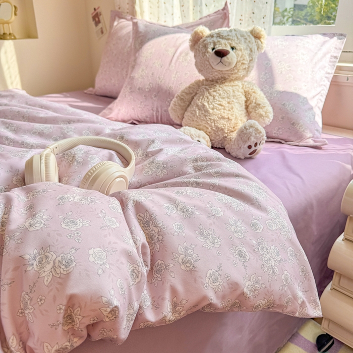 91家纺网 家纺一手货源 找家纺 梦舒阳家纺 新款古法水洗棉仿棉云感泡泡四件套 柔粉花影