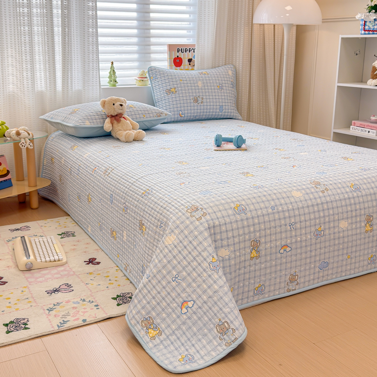 91家纺网 家纺一手货源 找家纺 雅萱家纺 2026新款森系全棉夹棉印花床盖 星星小象