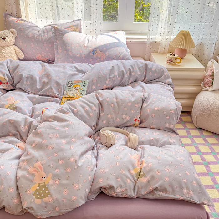 91家纺网 家纺一手货源 找家纺 梦舒阳家纺 新款古法水洗棉仿棉云感泡泡四件套 兔语花时