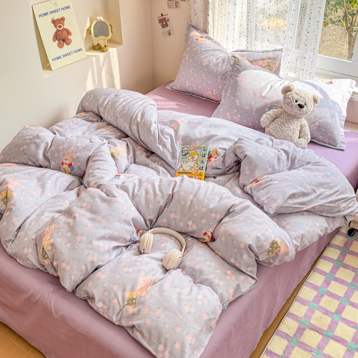 91家纺网 家纺一手货源 找家纺 梦舒阳家纺 新款古法水洗棉仿棉云感泡泡四件套 兔语花时