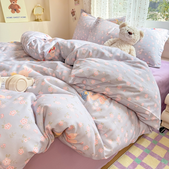 91家纺网 家纺一手货源 找家纺 梦舒阳家纺 新款古法水洗棉仿棉云感泡泡四件套 兔语花时