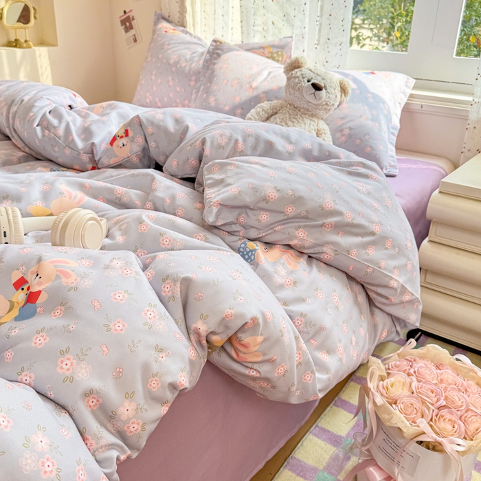 91家纺网 家纺一手货源 找家纺 梦舒阳家纺 新款古法水洗棉仿棉云感泡泡四件套 兔语花时