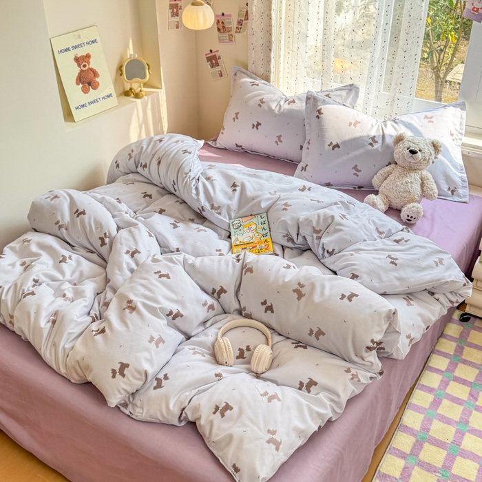 91家纺网 家纺一手货源 找家纺 梦舒阳家纺 新款古法水洗棉仿棉云感泡泡四件套 小狗日记