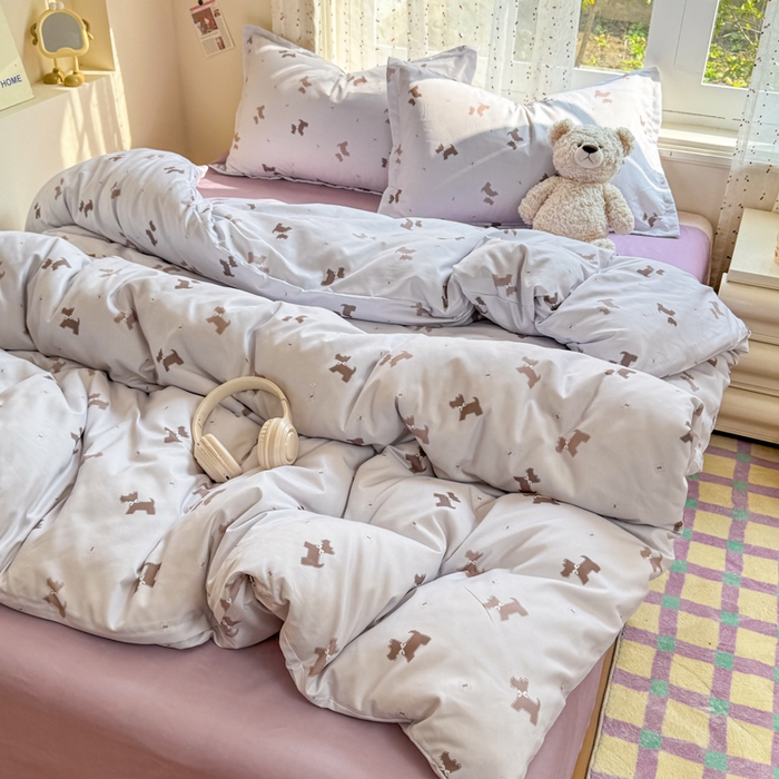 91家纺网 家纺一手货源 找家纺 梦舒阳家纺 新款古法水洗棉仿棉云感泡泡四件套 小狗日记