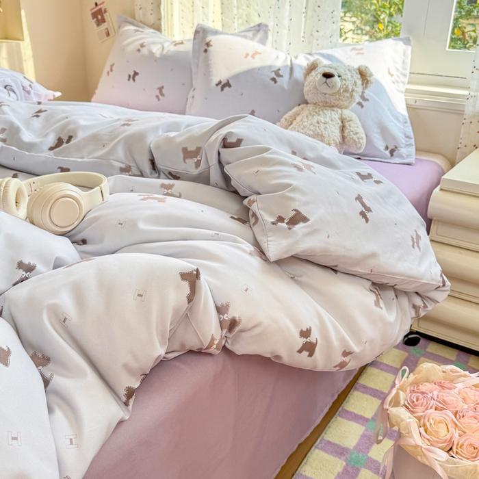 91家纺网 家纺一手货源 找家纺 梦舒阳家纺 新款古法水洗棉仿棉云感泡泡四件套 小狗日记