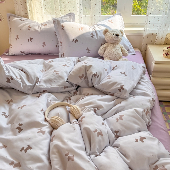 91家纺网 家纺一手货源 找家纺 梦舒阳家纺 新款古法水洗棉仿棉云感泡泡四件套 小狗日记