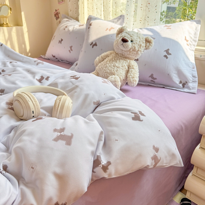 91家纺网 家纺一手货源 找家纺 梦舒阳家纺 新款古法水洗棉仿棉云感泡泡四件套 小狗日记