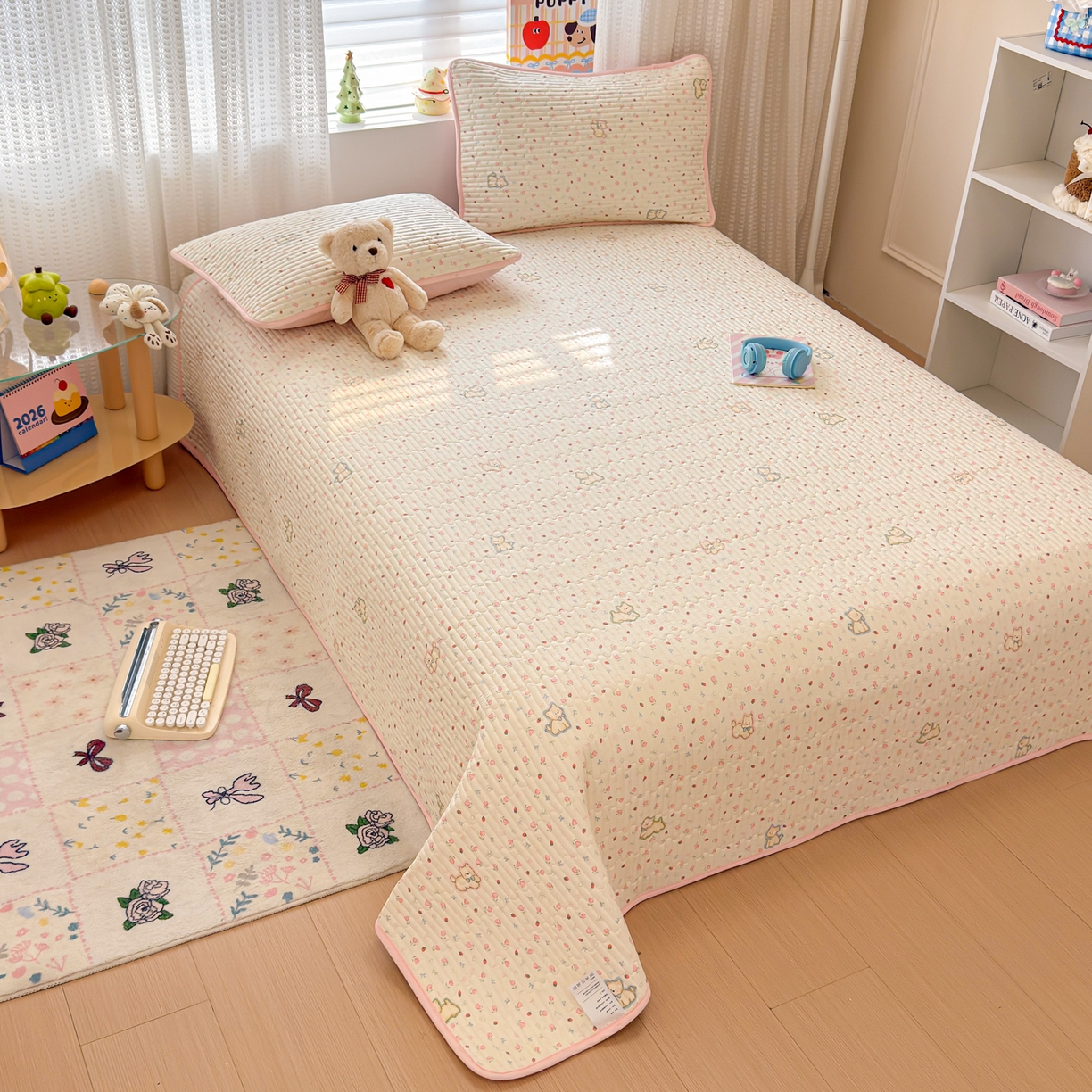 91家纺网 家纺一手货源 找家纺 雅萱家纺 2026新款森系全棉夹棉印花床盖 郁金香狗