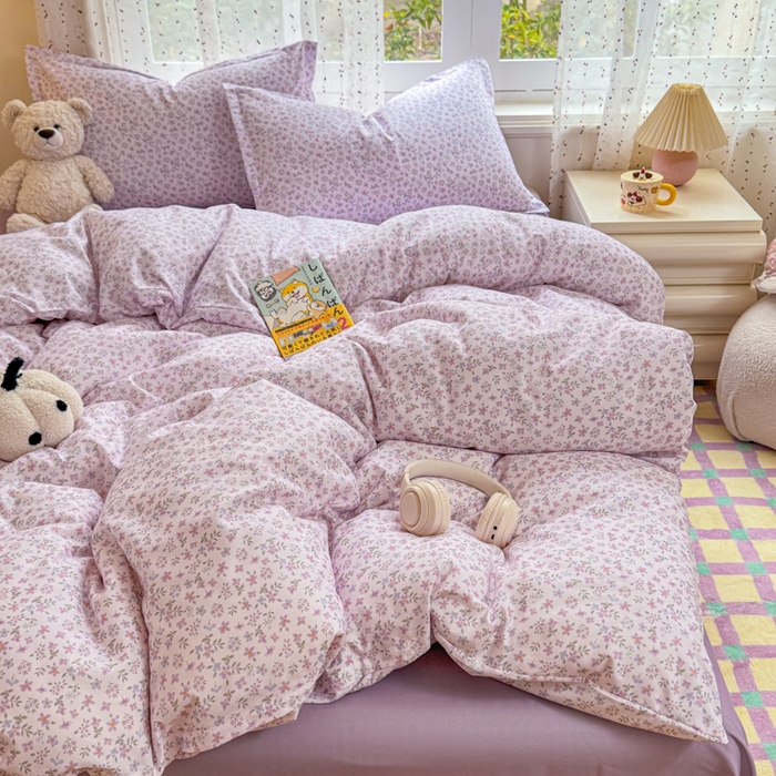 91家纺网 家纺一手货源 找家纺 梦舒阳家纺 新款古法水洗棉仿棉云感泡泡四件套 紫棠花