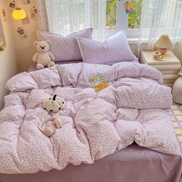 91家纺网 家纺一手货源 找家纺 梦舒阳家纺 新款古法水洗棉仿棉云感泡泡四件套 紫棠花