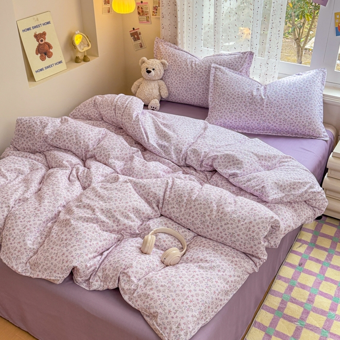 91家纺网 家纺一手货源 找家纺 梦舒阳家纺 新款古法水洗棉仿棉云感泡泡四件套 紫棠花