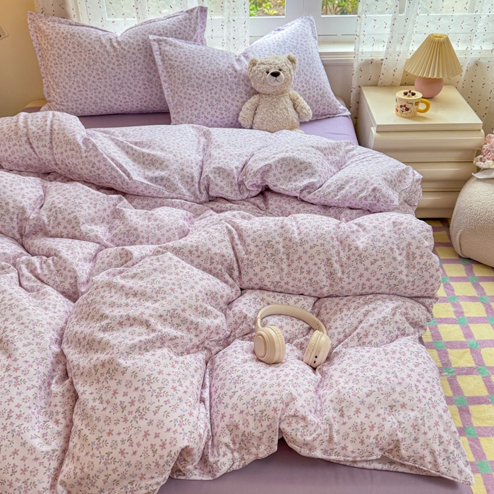 91家纺网 家纺一手货源 找家纺 梦舒阳家纺 新款古法水洗棉仿棉云感泡泡四件套 紫棠花