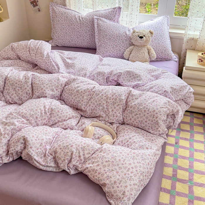 91家纺网 家纺一手货源 找家纺 梦舒阳家纺 新款古法水洗棉仿棉云感泡泡四件套 紫棠花