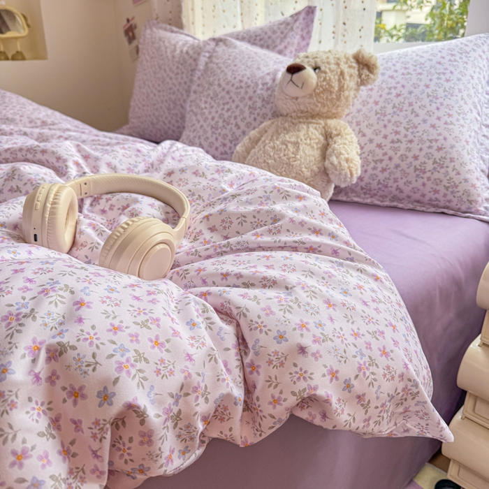 91家纺网 家纺一手货源 找家纺 梦舒阳家纺 新款古法水洗棉仿棉云感泡泡四件套 紫棠花