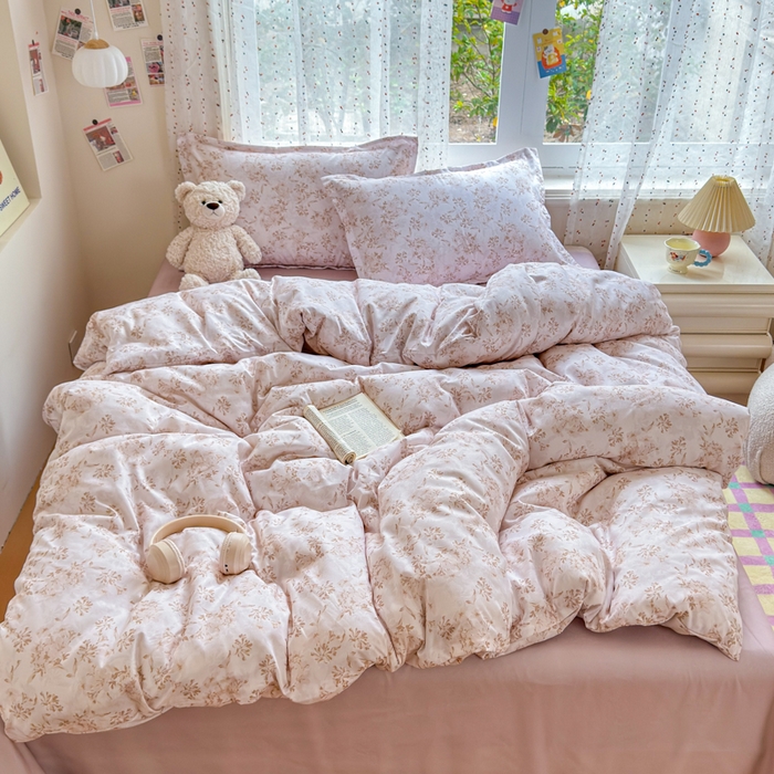 91家纺网 家纺一手货源 找家纺 梦舒阳家纺 新款古法水洗棉仿棉云感泡泡四件套 浅棕