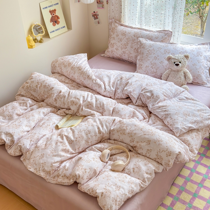 91家纺网 家纺一手货源 找家纺 梦舒阳家纺 新款古法水洗棉仿棉云感泡泡四件套 浅棕