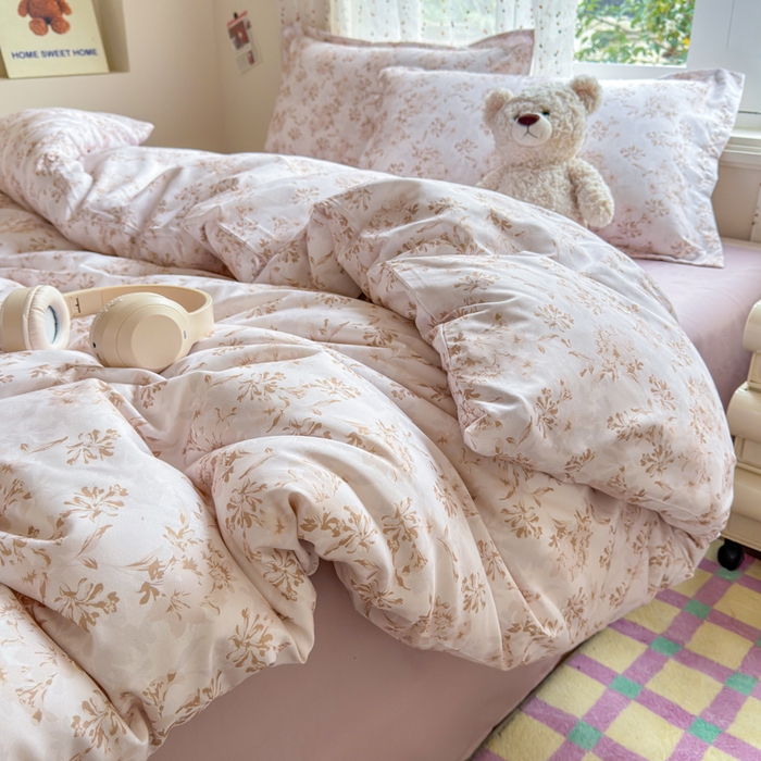 91家纺网 家纺一手货源 找家纺 梦舒阳家纺 新款古法水洗棉仿棉云感泡泡四件套 浅棕