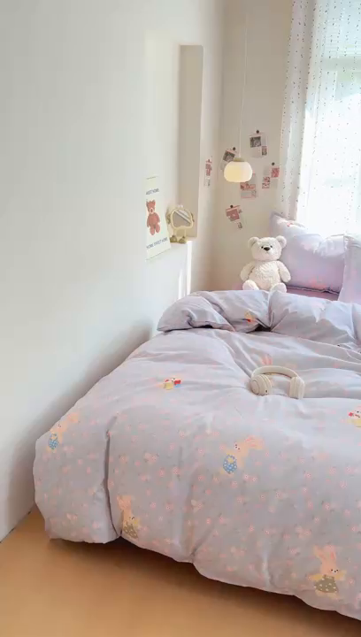 91家纺网 家纺一手货源 找家纺 梦舒阳家纺 新款古法水洗棉仿棉云感泡泡四件套 兔语花时