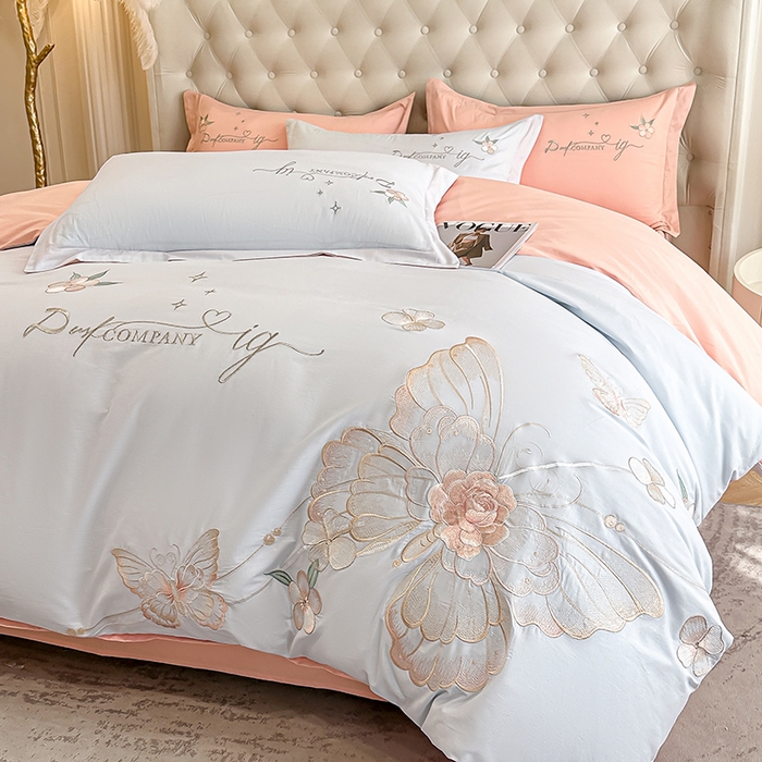 91家纺网 家纺一手货源 找家纺 无瑕家居 2026新款长绒棉全棉纯棉刺绣绣花高端礼盒装四件套-凤飞舞 凤飞舞-蓝+粉