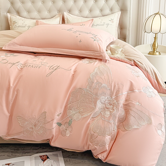 91家纺网 家纺一手货源 找家纺 无瑕家居 2026新款长绒棉全棉纯棉刺绣绣花高端礼盒装四件套-凤飞舞 凤飞舞-粉+卡其