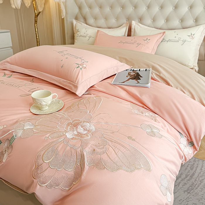 91家纺网 家纺一手货源 找家纺 无瑕家居 2026新款长绒棉全棉纯棉刺绣绣花高端礼盒装四件套-凤飞舞 凤飞舞-粉+卡其