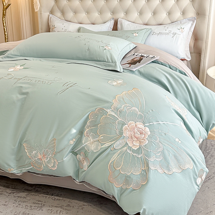 91家纺网 家纺一手货源 找家纺 无瑕家居 2026新款长绒棉全棉纯棉刺绣绣花高端礼盒装四件套-凤飞舞 凤飞舞-绿+灰