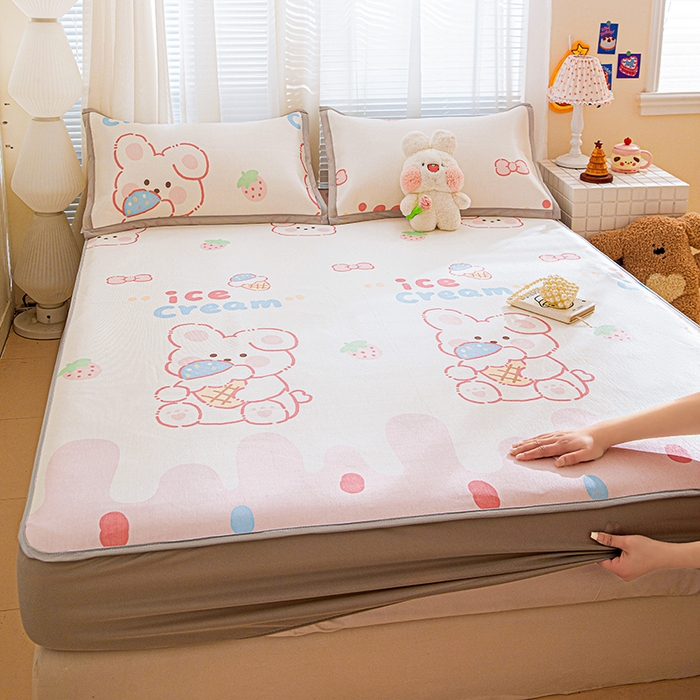 91家纺网 家纺一手货源 找家纺 富馨莱 2026新款冰丝凉席床笠款凉席席子支持一件定制定做 冰淇淋兔