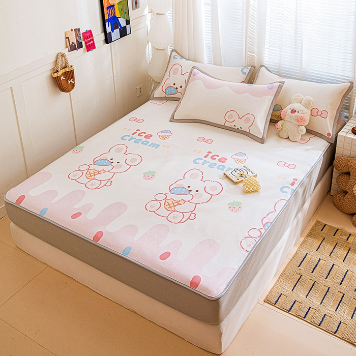 91家纺网 家纺一手货源 找家纺 富馨莱 2026新款冰丝凉席床笠款凉席席子支持一件定制定做 冰淇淋兔