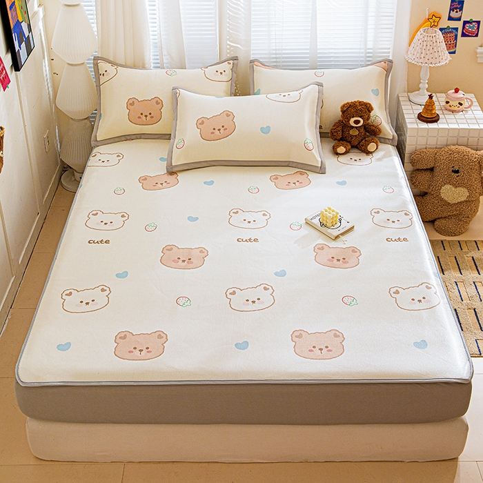 91家纺网 家纺一手货源 找家纺 富馨莱 2026新款冰丝凉席床笠款凉席席子支持一件定制定做 饼干熊