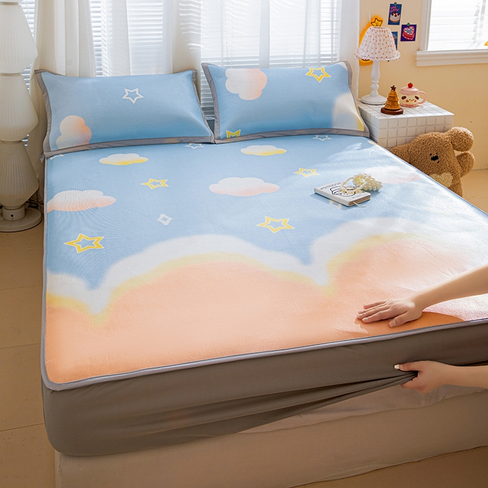 91家纺网 家纺一手货源 找家纺 富馨莱 2026新款冰丝凉席床笠款凉席席子支持一件定制定做 彩虹云朵