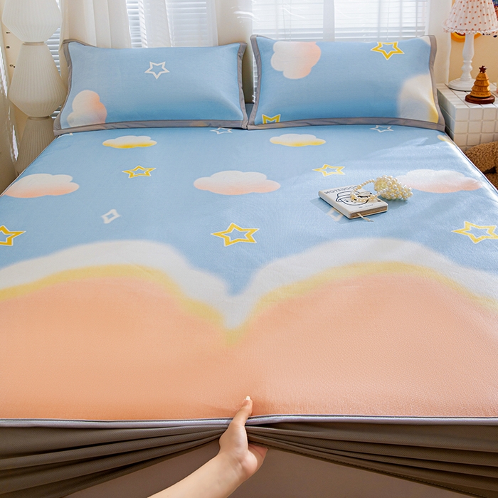 91家纺网 家纺一手货源 找家纺 富馨莱 2026新款冰丝凉席床笠款凉席席子支持一件定制定做 彩虹云朵