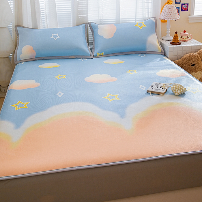 91家纺网 家纺一手货源 找家纺 富馨莱 2026新款冰丝凉席床笠款凉席席子支持一件定制定做 彩虹云朵