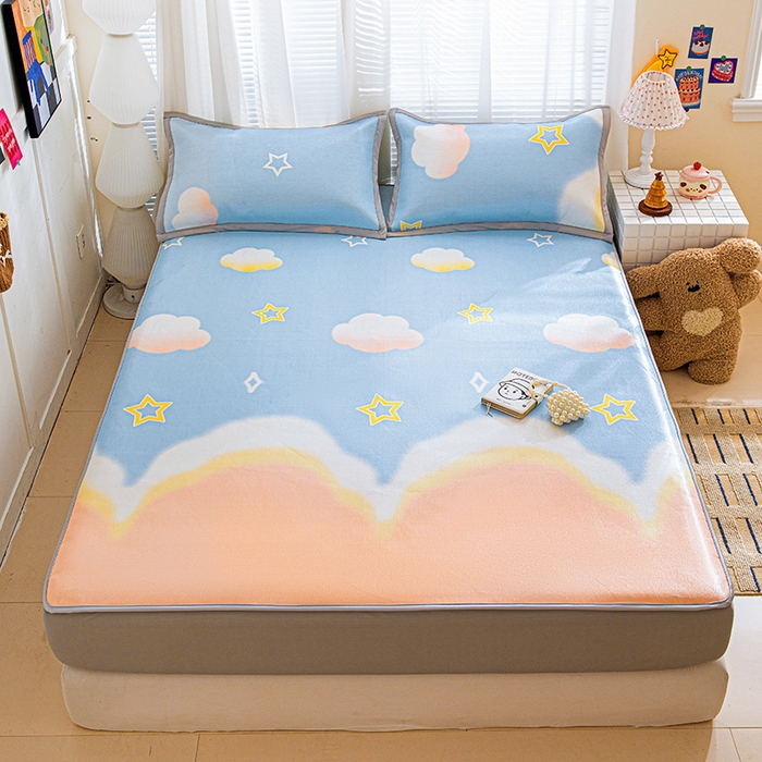 91家纺网 家纺一手货源 找家纺 富馨莱 2026新款冰丝凉席床笠款凉席席子支持一件定制定做 彩虹云朵