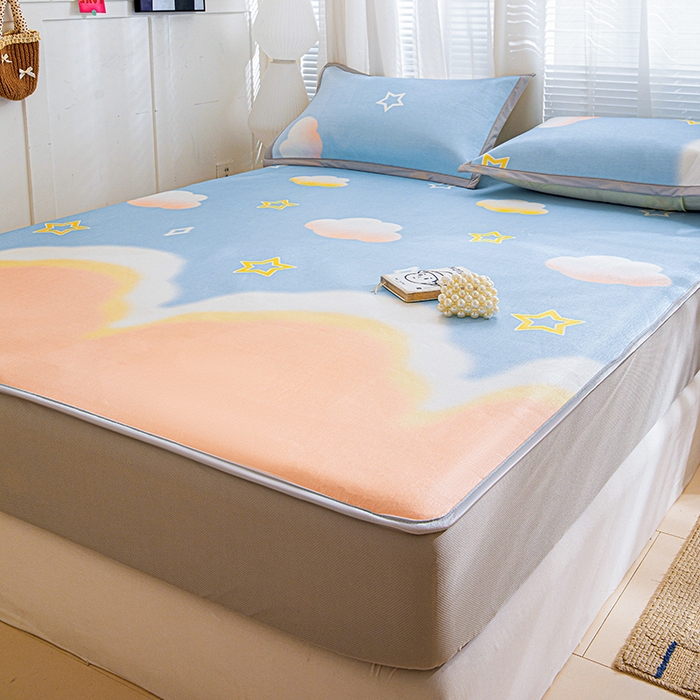 91家纺网 家纺一手货源 找家纺 富馨莱 2026新款冰丝凉席床笠款凉席席子支持一件定制定做 彩虹云朵