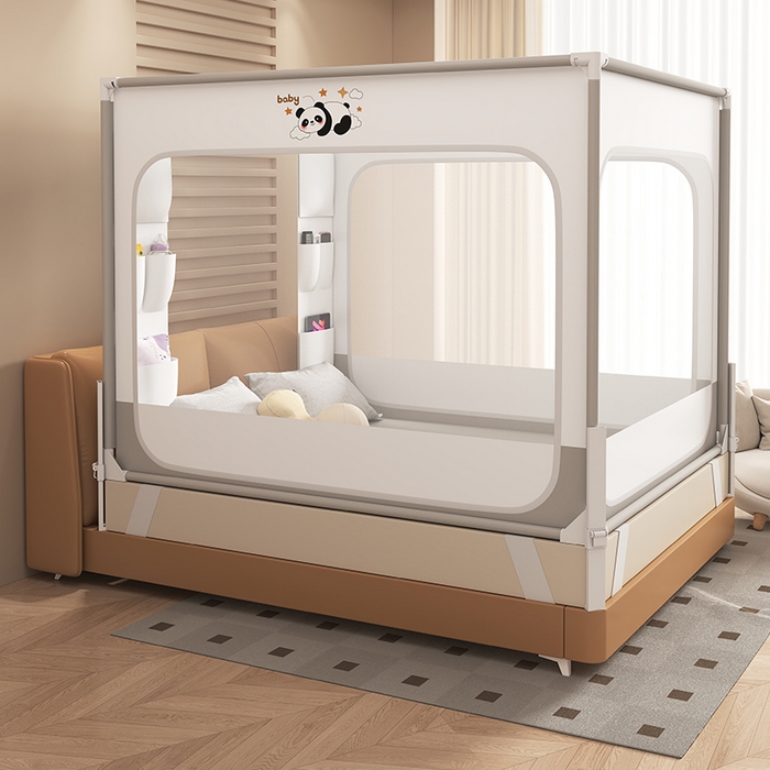 91家纺网 家纺一手货源 找家纺 （总）无瑕家居 2026新款擎天柱护栏支架三开门坐床蚊帐-熊猫