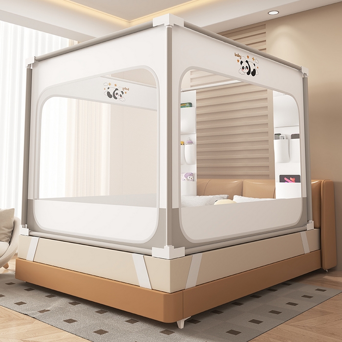 91家纺网 家纺一手货源 找家纺 （总）无瑕家居 2026新款擎天柱护栏支架三开门坐床蚊帐-熊猫