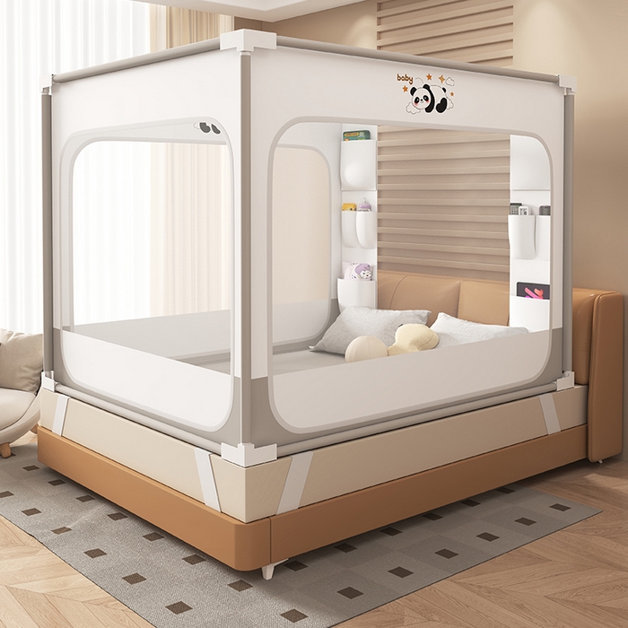 91家纺网 家纺一手货源 找家纺 （总）无瑕家居 2026新款擎天柱护栏支架三开门坐床蚊帐-熊猫