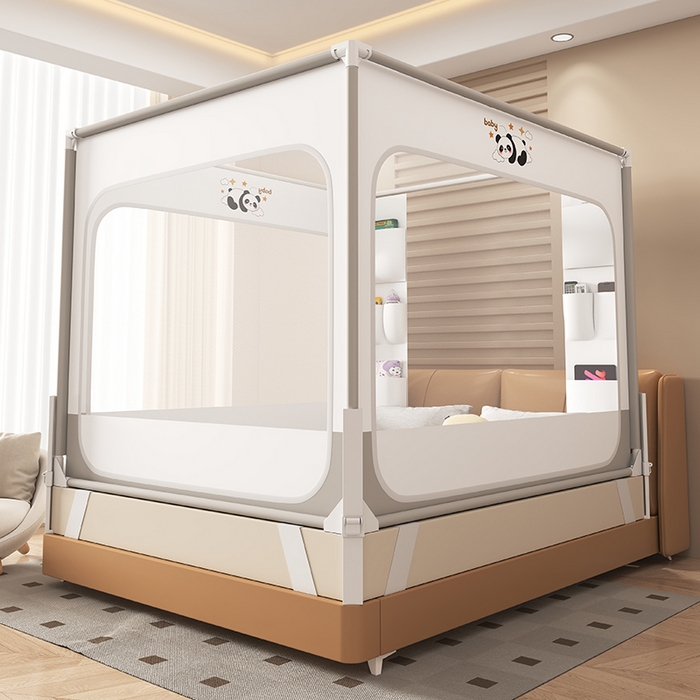 91家纺网 家纺一手货源 找家纺 （总）无瑕家居 2026新款擎天柱护栏支架三开门坐床蚊帐-熊猫