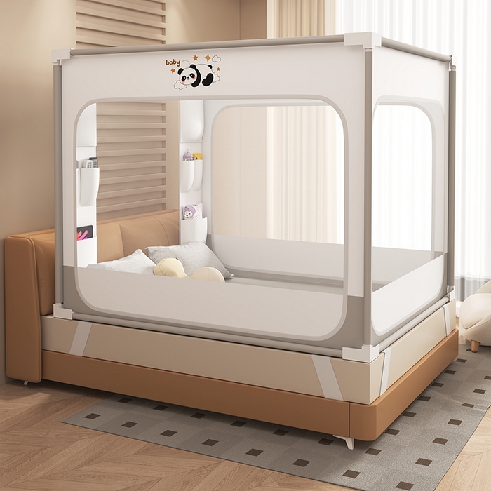 91家纺网 家纺一手货源 找家纺 （总）无瑕家居 2026新款擎天柱护栏支架三开门坐床蚊帐-熊猫