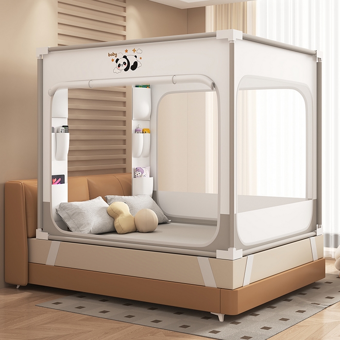 91家纺网 家纺一手货源 找家纺 无瑕家居 2026新款擎天柱护栏支架三开门坐床蚊帐-熊猫 熊猫-白+灰