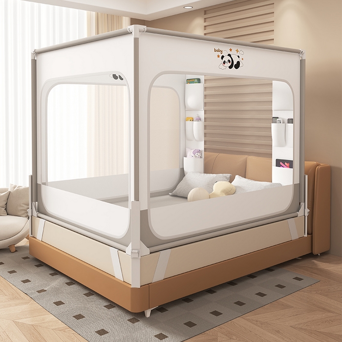 91家纺网 家纺一手货源 找家纺 （总）无瑕家居 2026新款擎天柱护栏支架三开门坐床蚊帐-熊猫