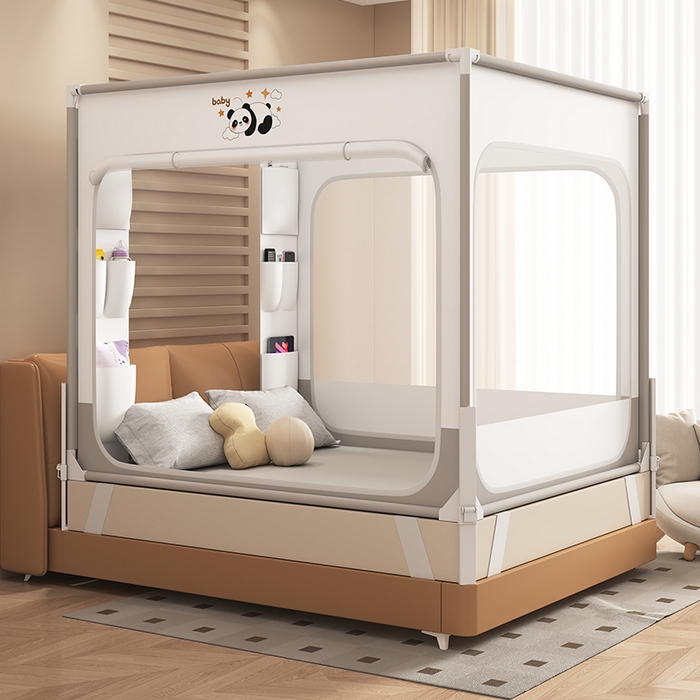 91家纺网 家纺一手货源 找家纺 （总）无瑕家居 2026新款擎天柱护栏支架三开门坐床蚊帐-熊猫