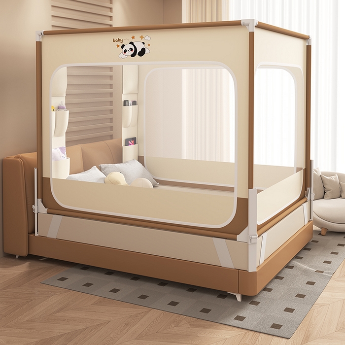 91家纺网 家纺一手货源 找家纺 无瑕家居 2026新款擎天柱护栏支架三开门坐床蚊帐-熊猫 熊猫-卡其+咖