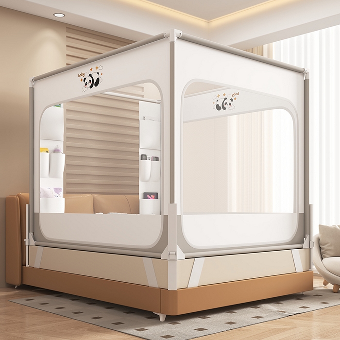 91家纺网 家纺一手货源 找家纺 无瑕家居 2026新款擎天柱护栏支架三开门坐床蚊帐-熊猫 熊猫-白+灰