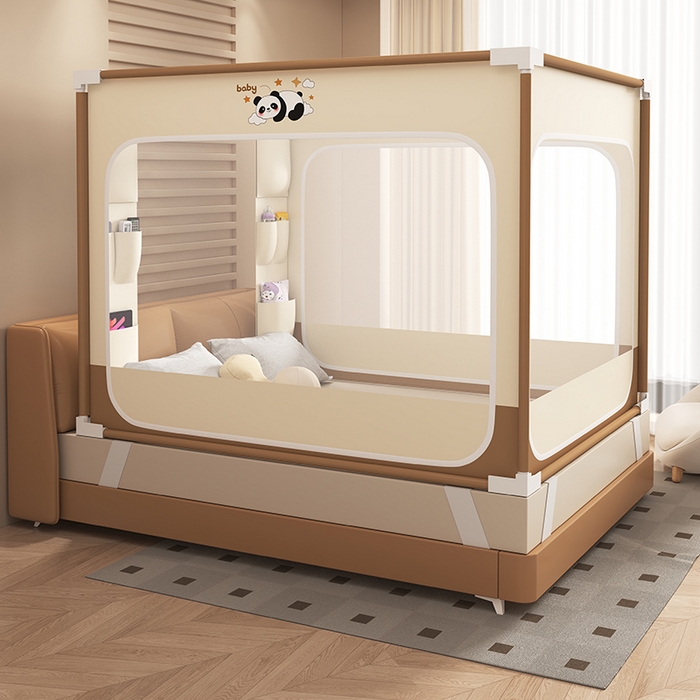 91家纺网 家纺一手货源 找家纺 无瑕家居 2026新款擎天柱护栏支架三开门坐床蚊帐-熊猫 熊猫-卡其+咖